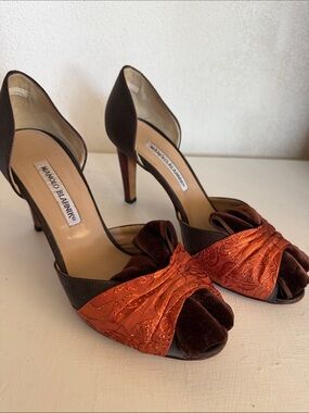 Manolo Blahnik Brown and Orange Peep-Toe Satin Knot Heels